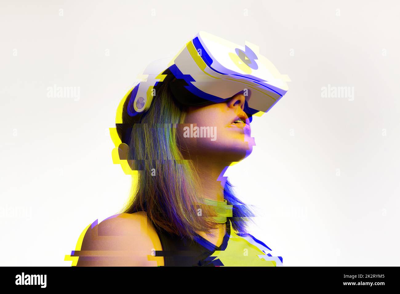 Woman is using virtual reality headset. Concept of virtual, augmented