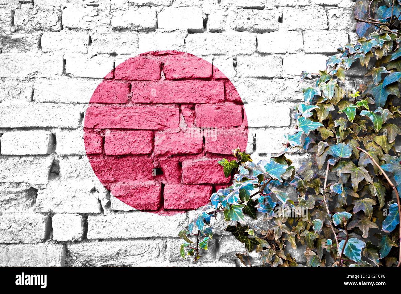 Japan grunge flag on brick wall with ivy plant Stock Photo