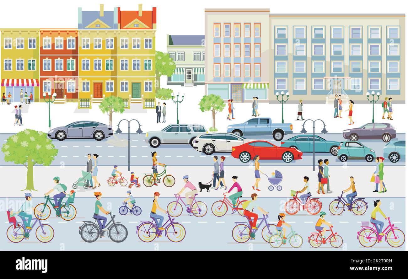 Cyclists on the bike lane in the city with pedestrians illustration Stock Vector