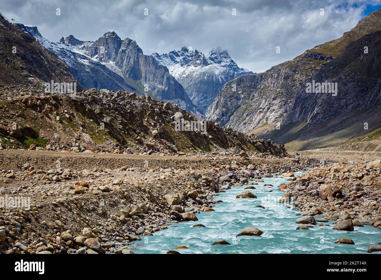 Chandra River in Lahaul Valley in Himalayas Stock Photo
