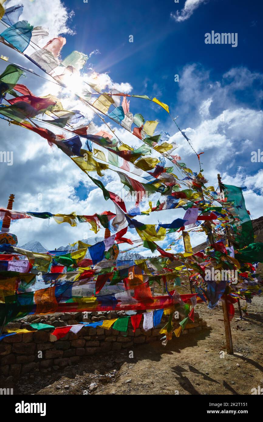 Buddist Prayer flags in Himalayas Stock Photo