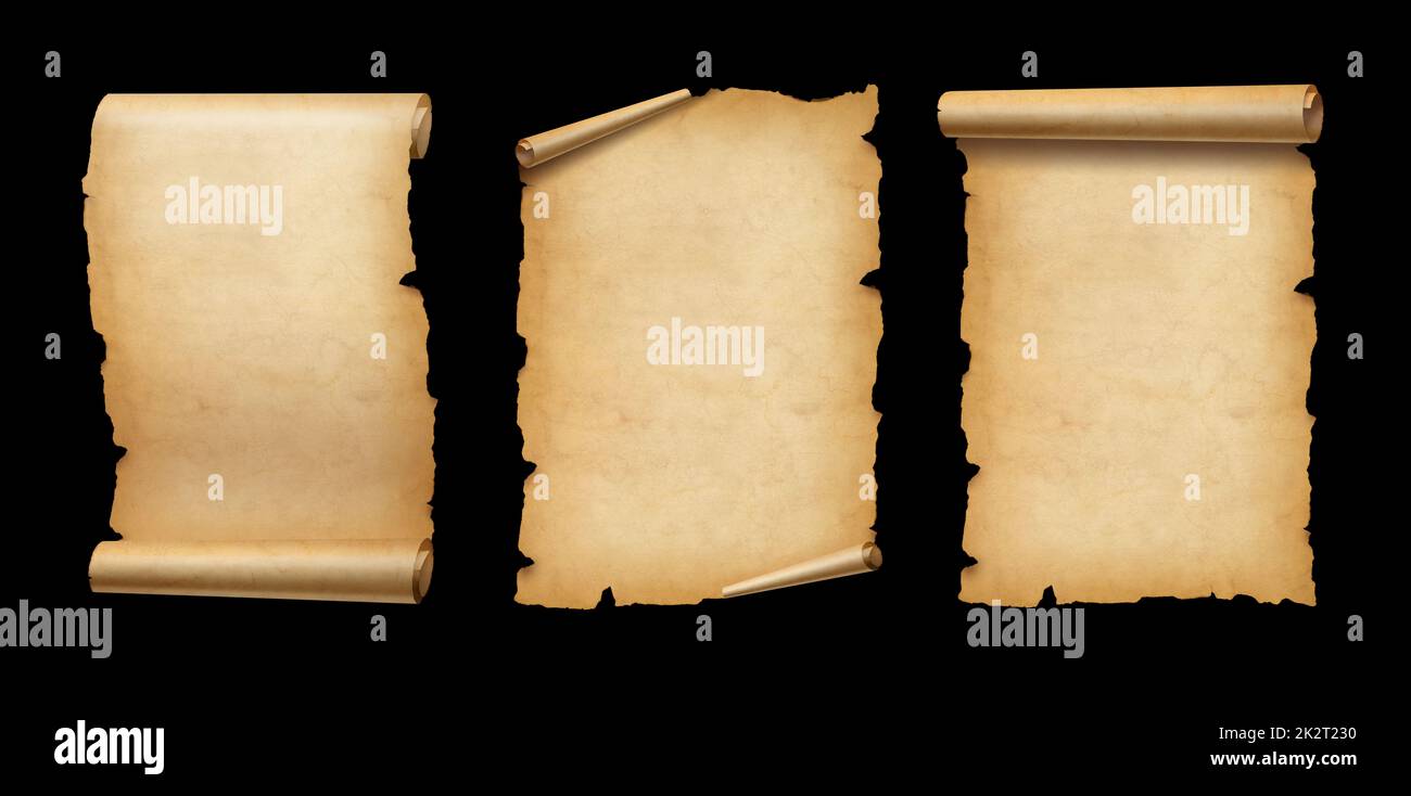 Old Parchment paper scroll set isolated on black. Vertical banners Stock Photo