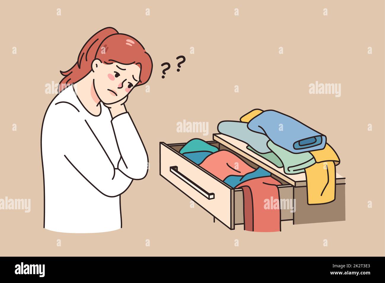 Confused girl look at clothes have nothing to wear Stock Photo