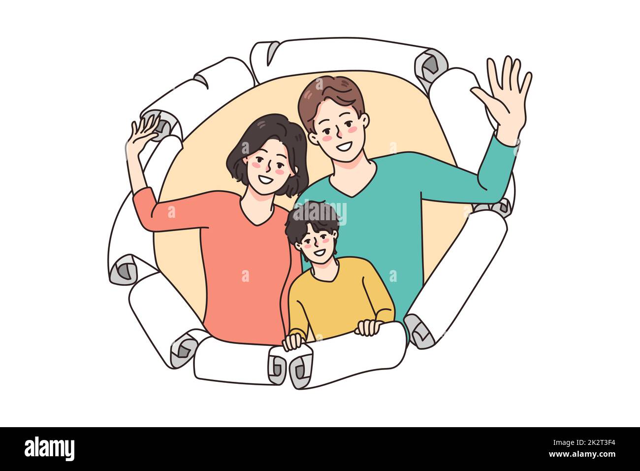 Happy family with child peep through paper hole Stock Photo