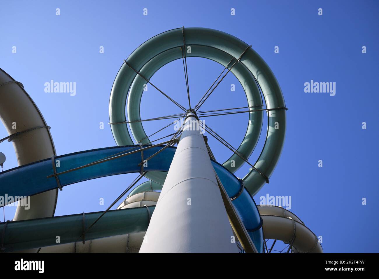 Colorful aqua park pipes viewed low angle Stock Photo