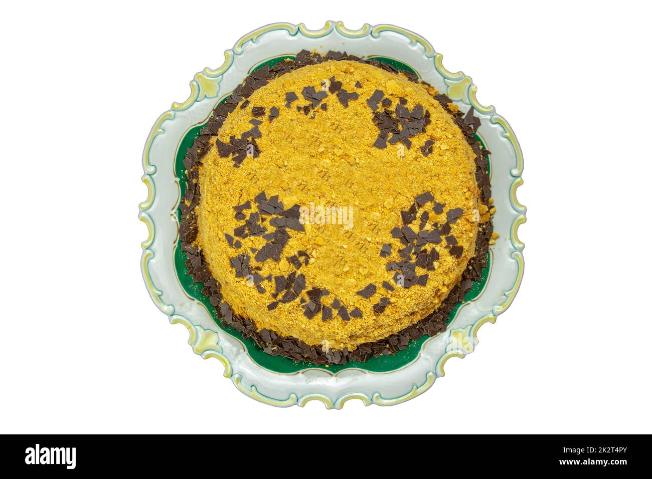Top view of homemade lemon cake with almonds and chocolate flakes with space for your design. Birthday, wedding, anniversary or other festivals. Clipping path. Stock Photo