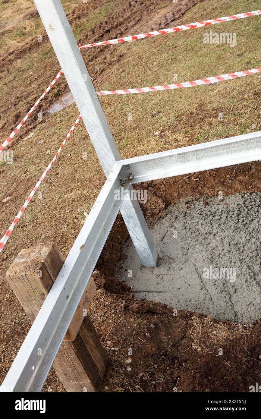 Foundation with cement in the metal construction of a balcony Stock Photo