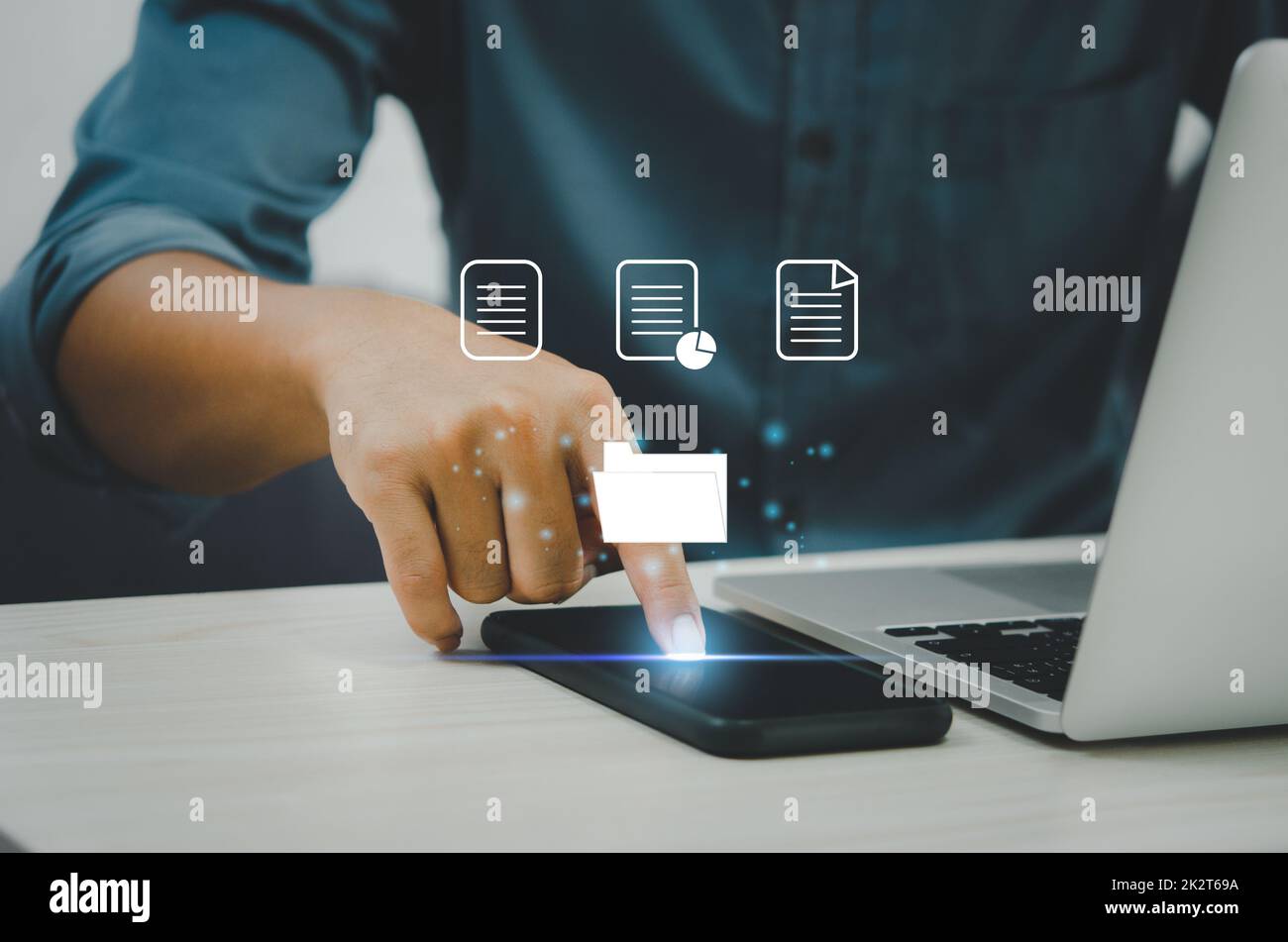 Businessman touching on icons on virtual screen Enterprise Resource Planning ERP document management.Document Management System DMS concept. Stock Photo