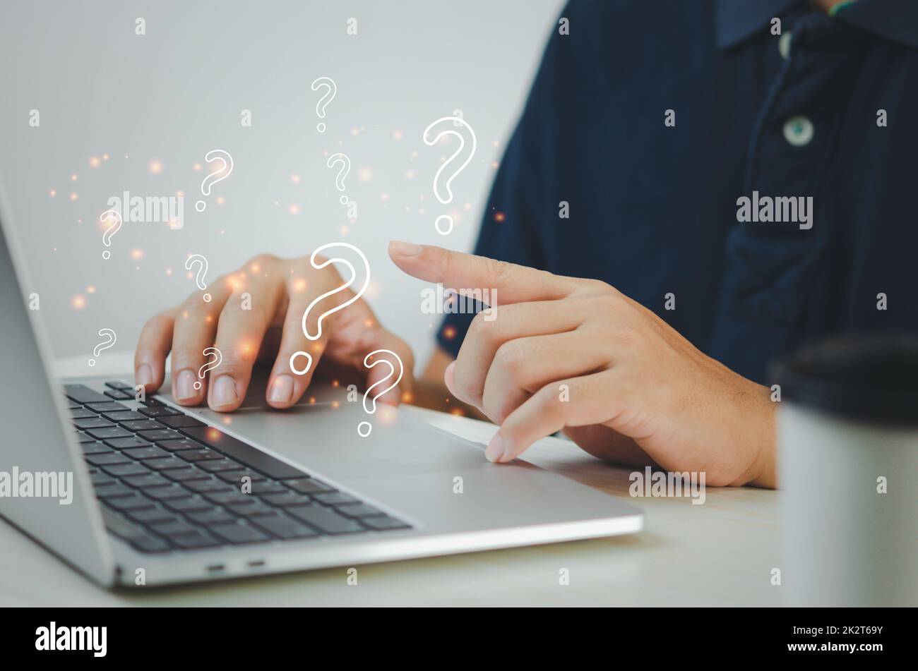 businessman pointing a question mark. Business computer technology concept. Stock Photo