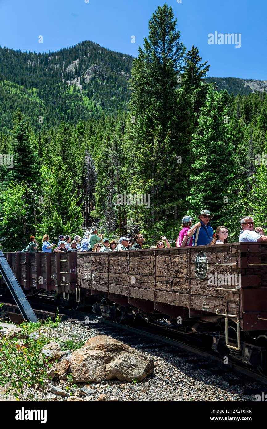 Open air passenger cars, historic Georgetown Loop Railroad, Georgetown, Colorado USA Stock Photo