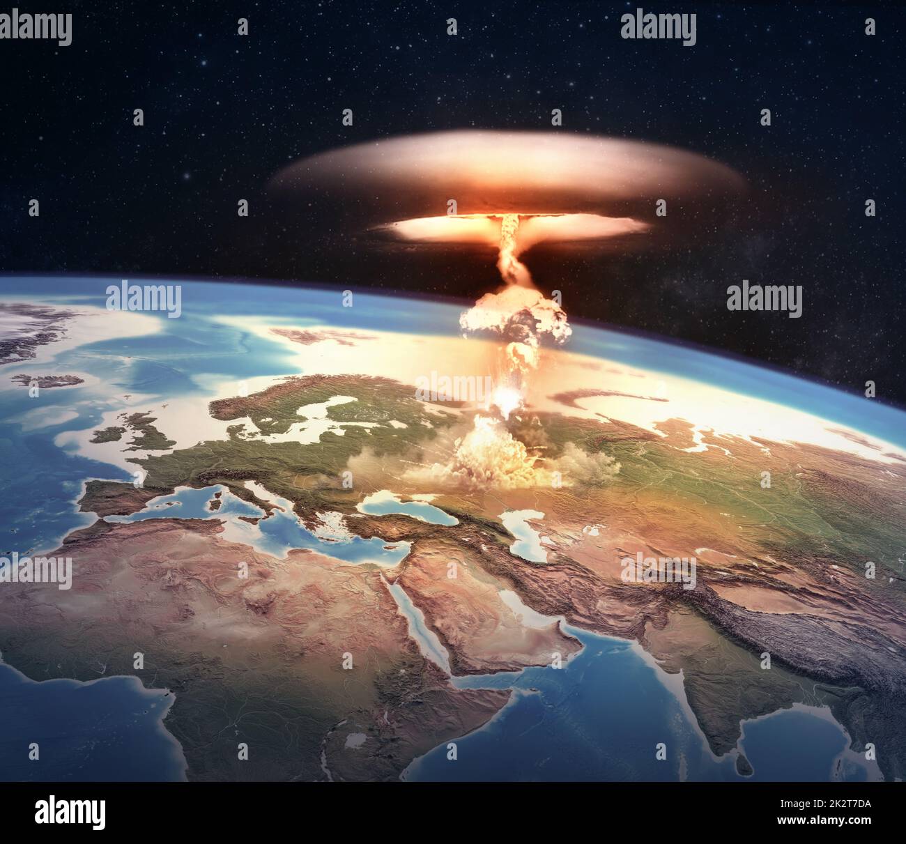 Atomic bomb explosion on Europe. Nuclear war starting with a mushroom cloud, dangers of nuclear energy for planet Earth, end of the world. 3D illustra Stock Photo