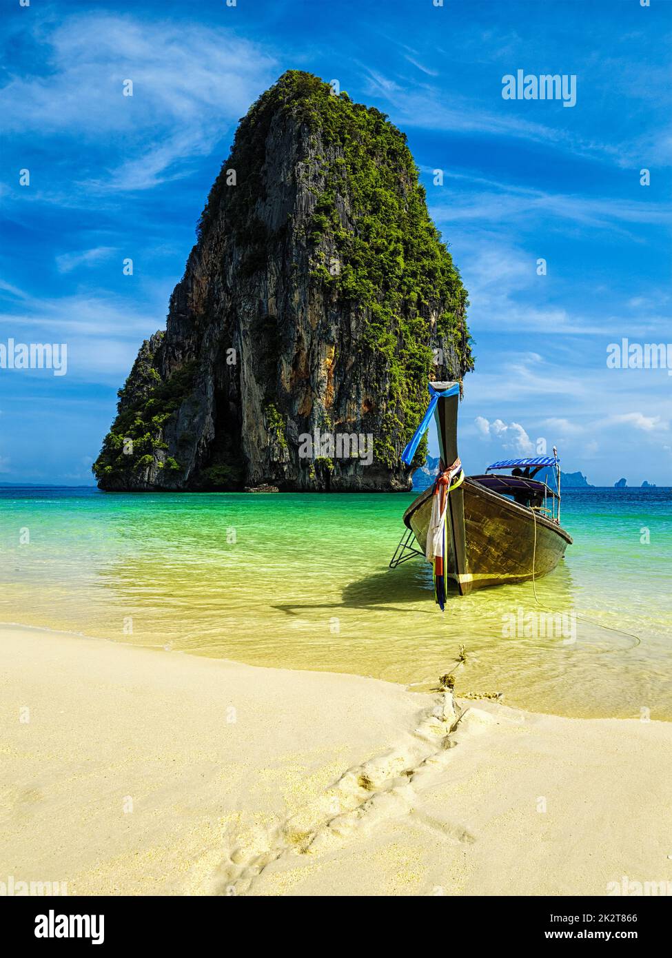 Long tail boat on beach, Thailand Stock Photo