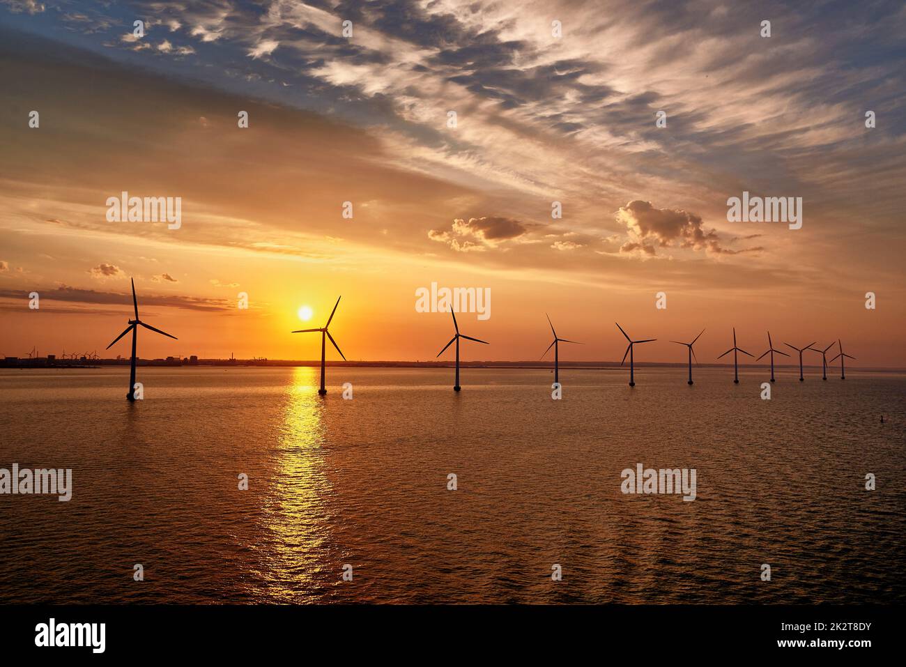 offshore wind turbine park in baltic sea nearby Danmark Stock Photo