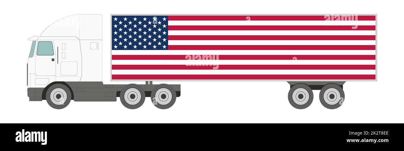 Truck with US flag trailer on white background - Vector Stock Photo