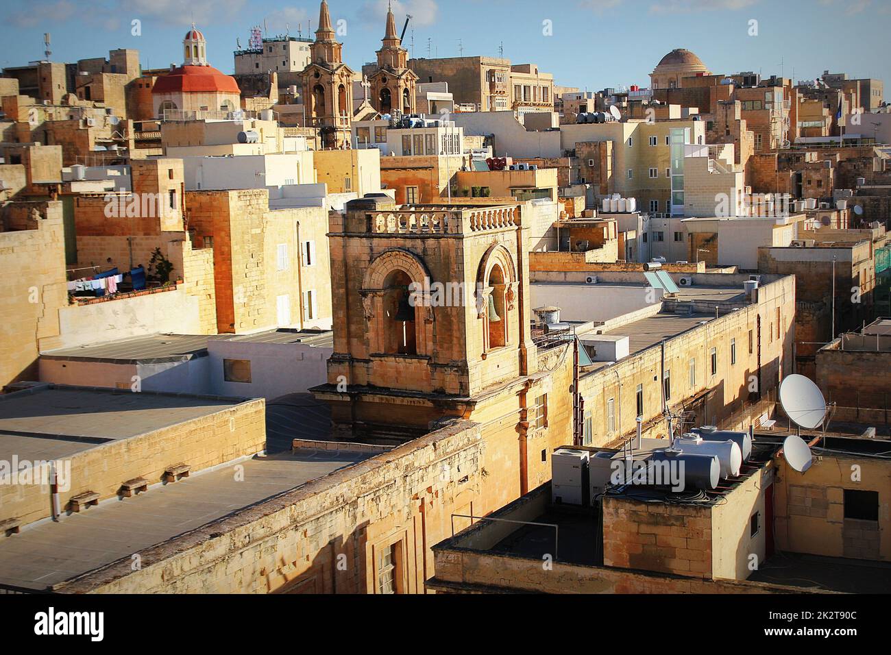 Panoramic view over the Grand Harbour hotel in Valletta, Malta . Bell tower of Santa Marija ta' Gesu Church Stock Photo