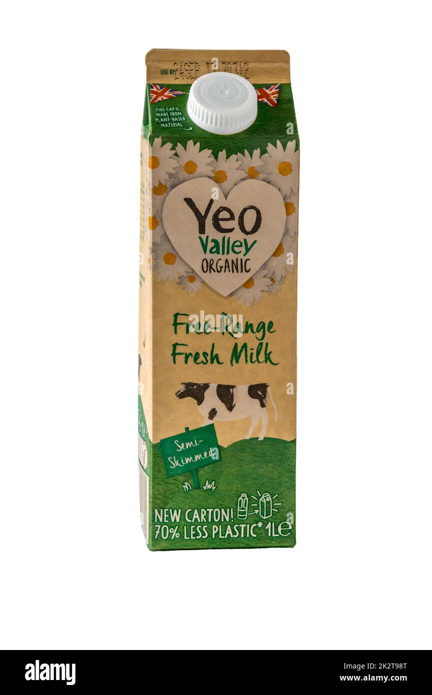 A cardboard carton of Yeo Valley free-range fresh milk. New carton advertised as using 70% less plastic. Stock Photo