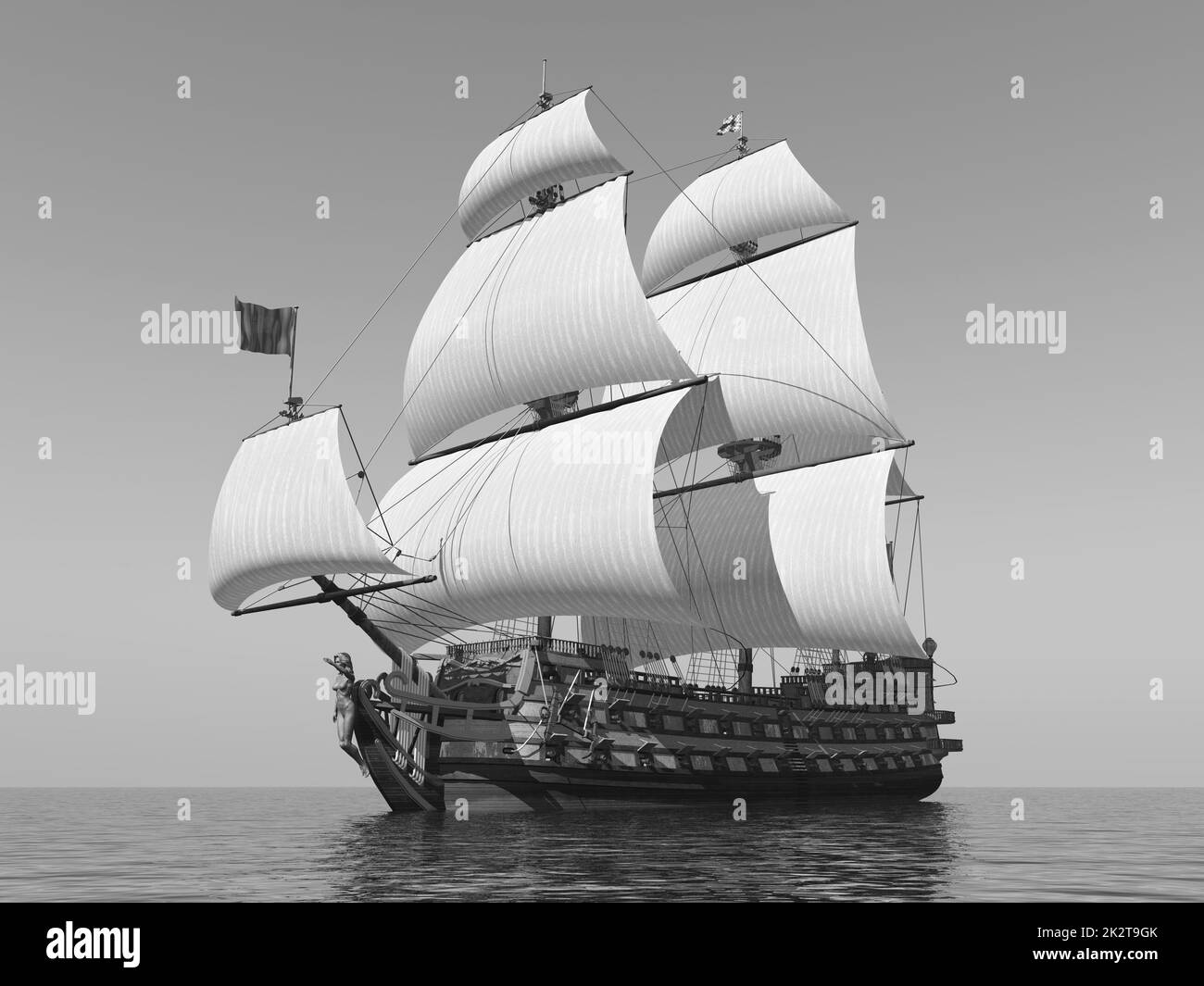 French warship of the 18th century in black and white Stock Photo