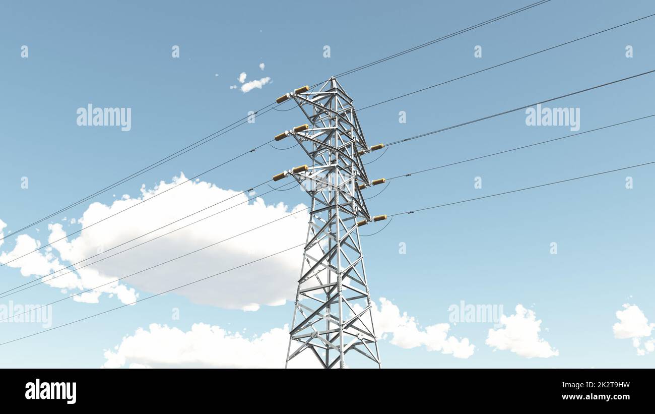 High voltage power line against blue sky with fair weather clouds Stock ...