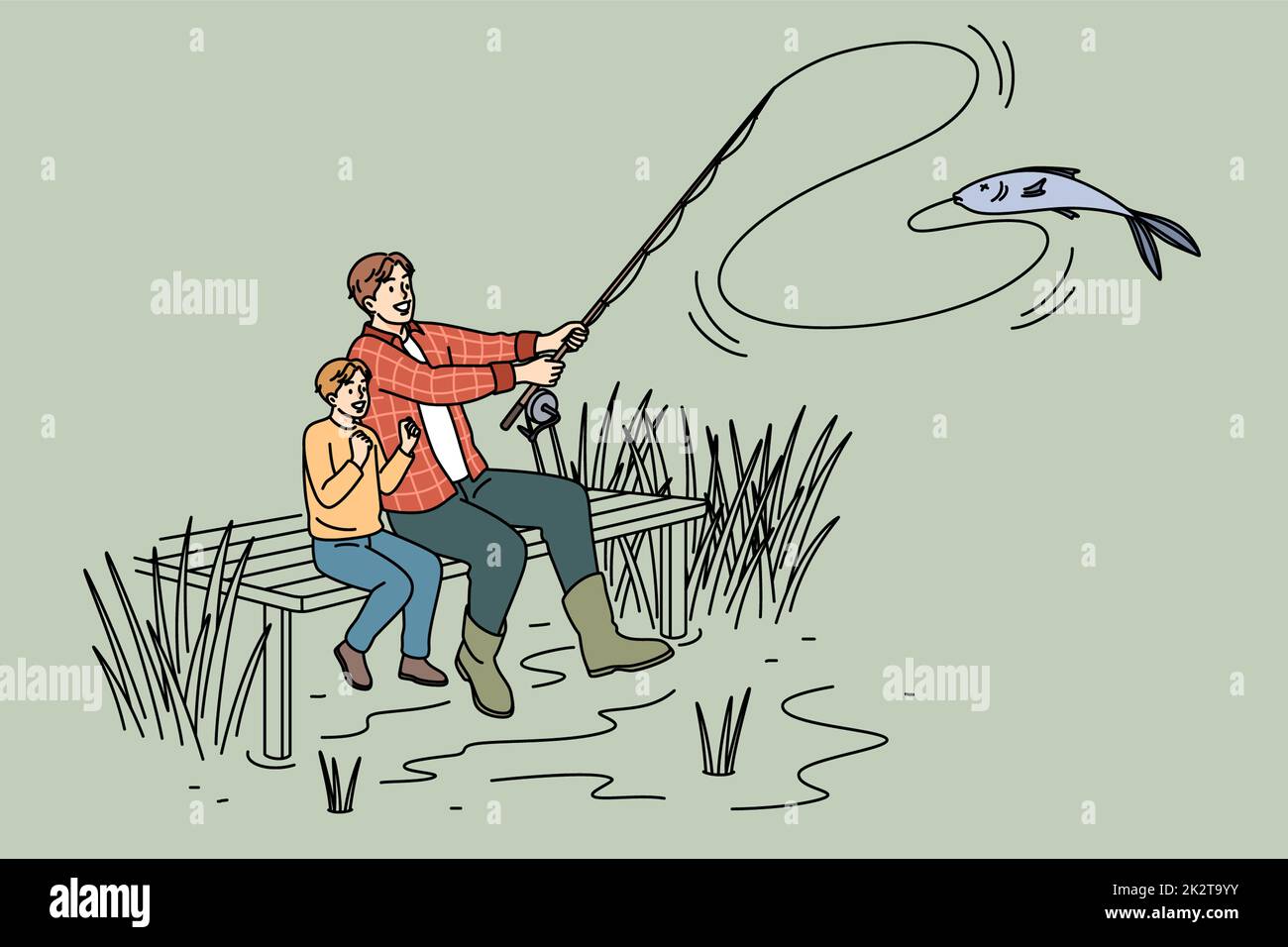 Cartoon dad and son sitting in boat fishing Vector Image