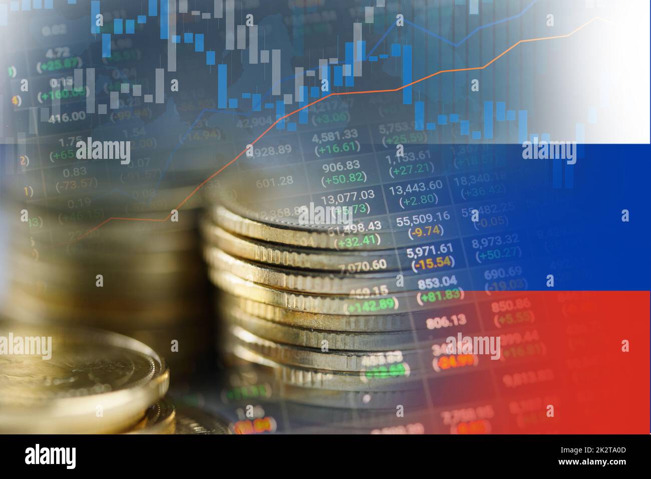 Stock market investment trading financial, coin and Russia flag or Forex for analyze profit finance business trend data background. Stock Photo