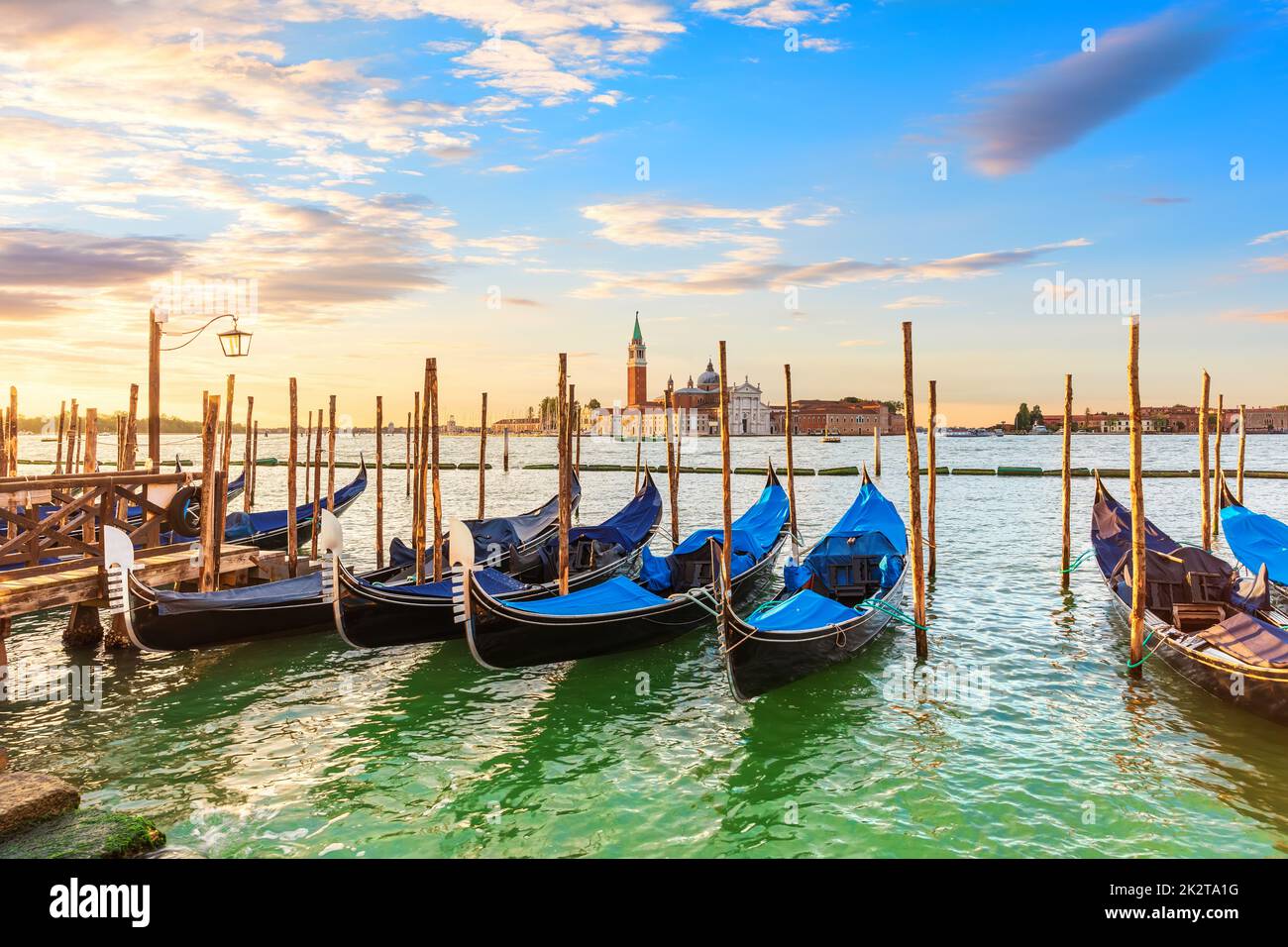 San Giorgio Maggiore Island and Gondolas moored nearby, Venice, Italy Stock Photo