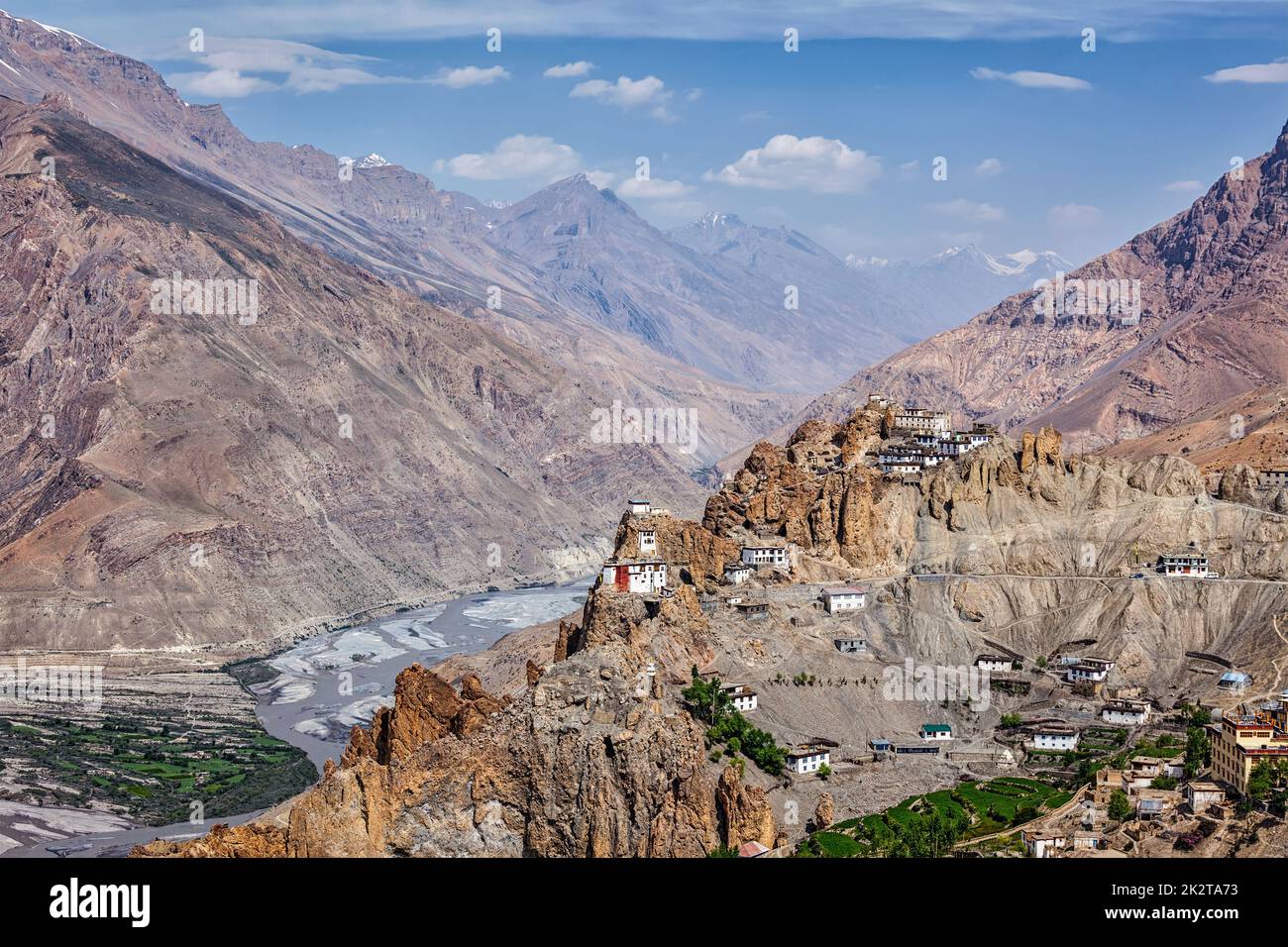 View of Spiti valley and Dhankar Gompa in Himalayas Stock Photo