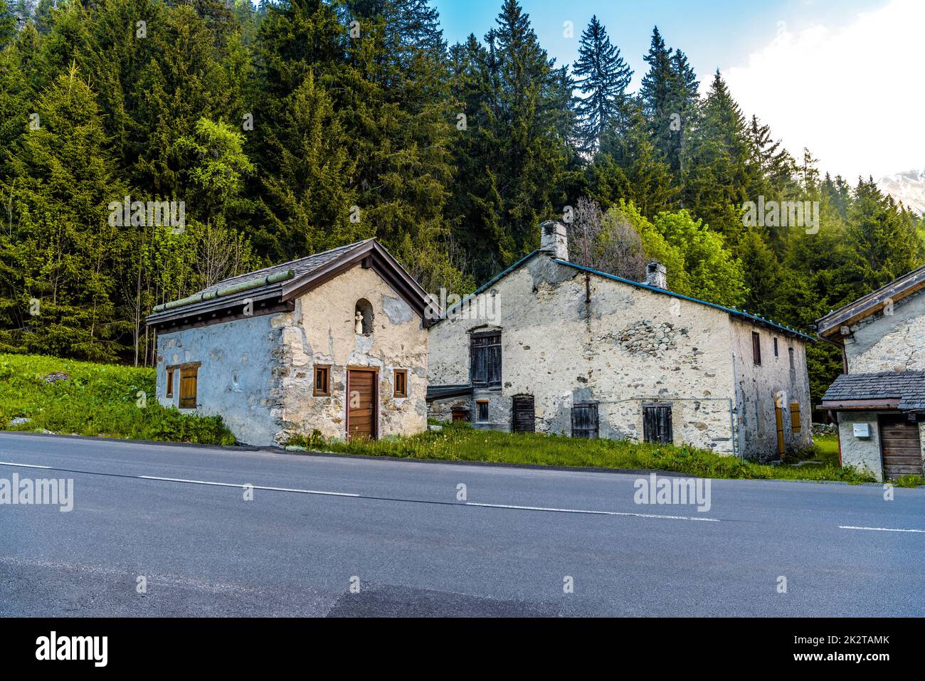 Abandoned houses near road and forest, Chamonix Mont Blanc, Haut Stock ...