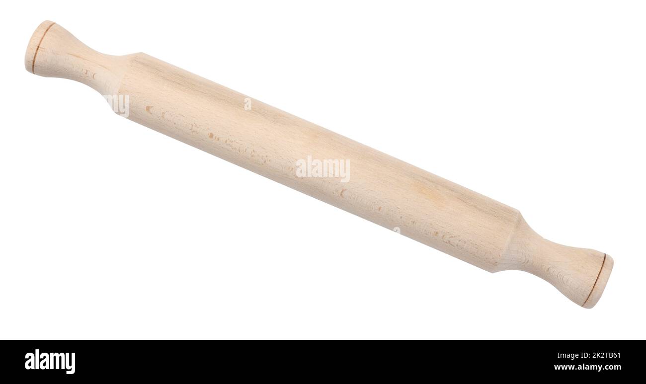 new brown vintage wooden rolling pin isolated on white background Stock Photo