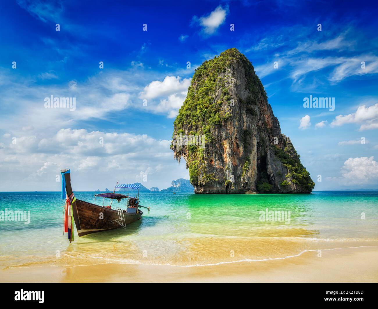 Long tail boat on beach, Thailand Stock Photo