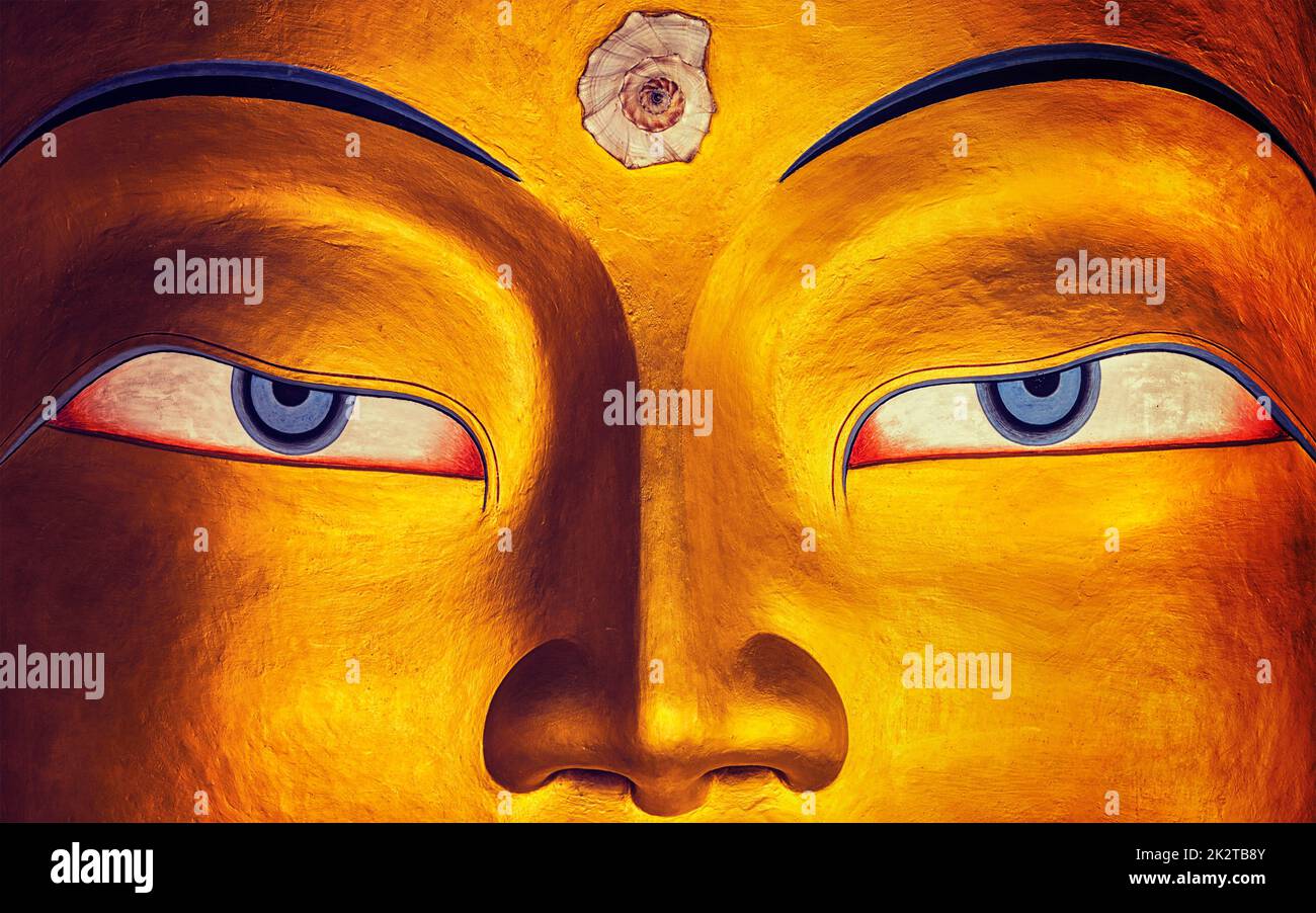 Maitreya Buddha face close up, Thiksey Gompa, Ladakh Stock Photo