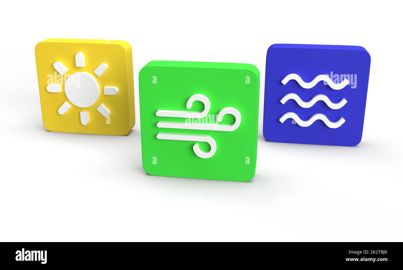 renewable energy icons of sun, wind and water Stock Photo - Alamy