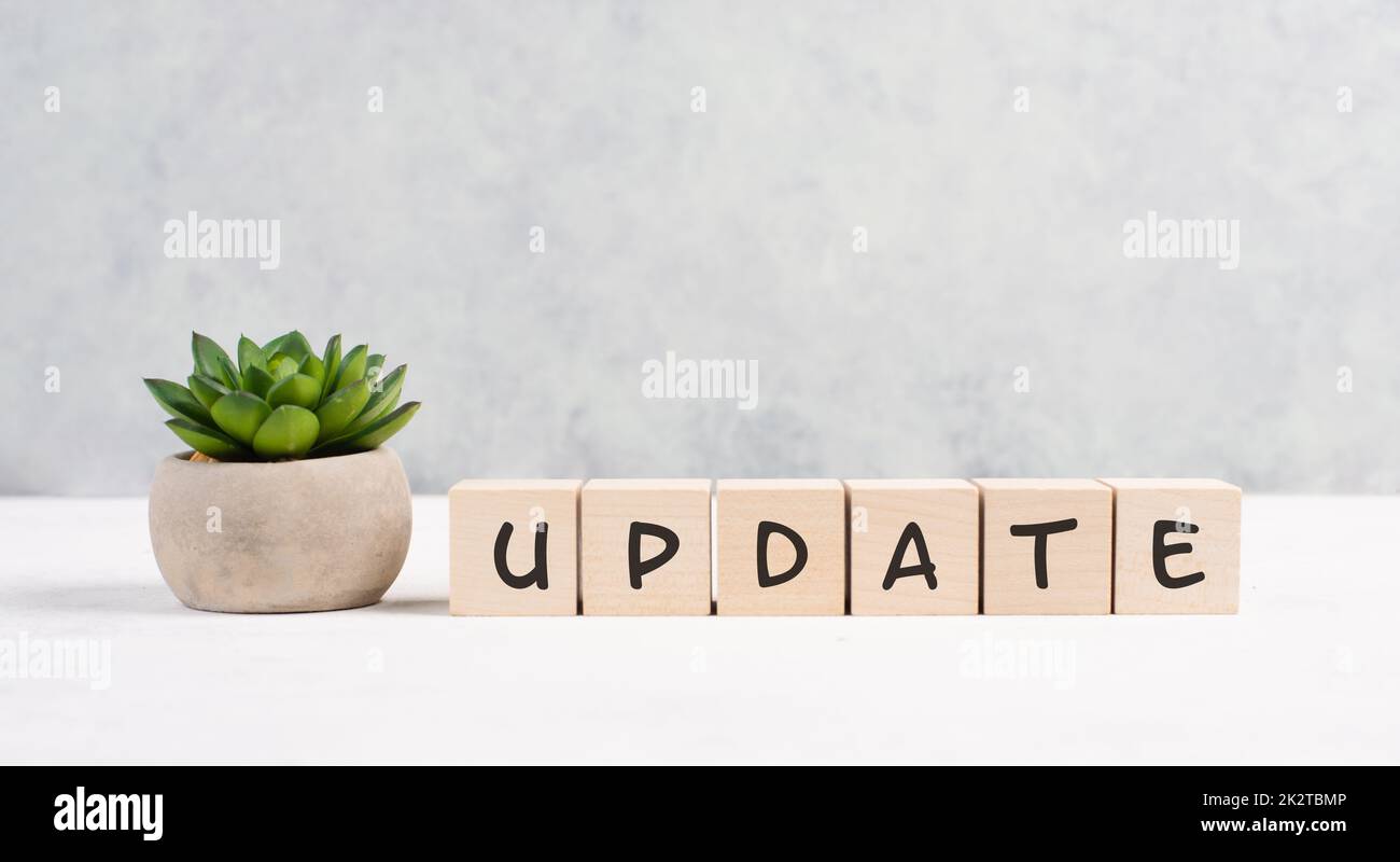 The words update is standing on wooden cubes, progress in business, desk in an office, copy space for text, catus plant Stock Photo