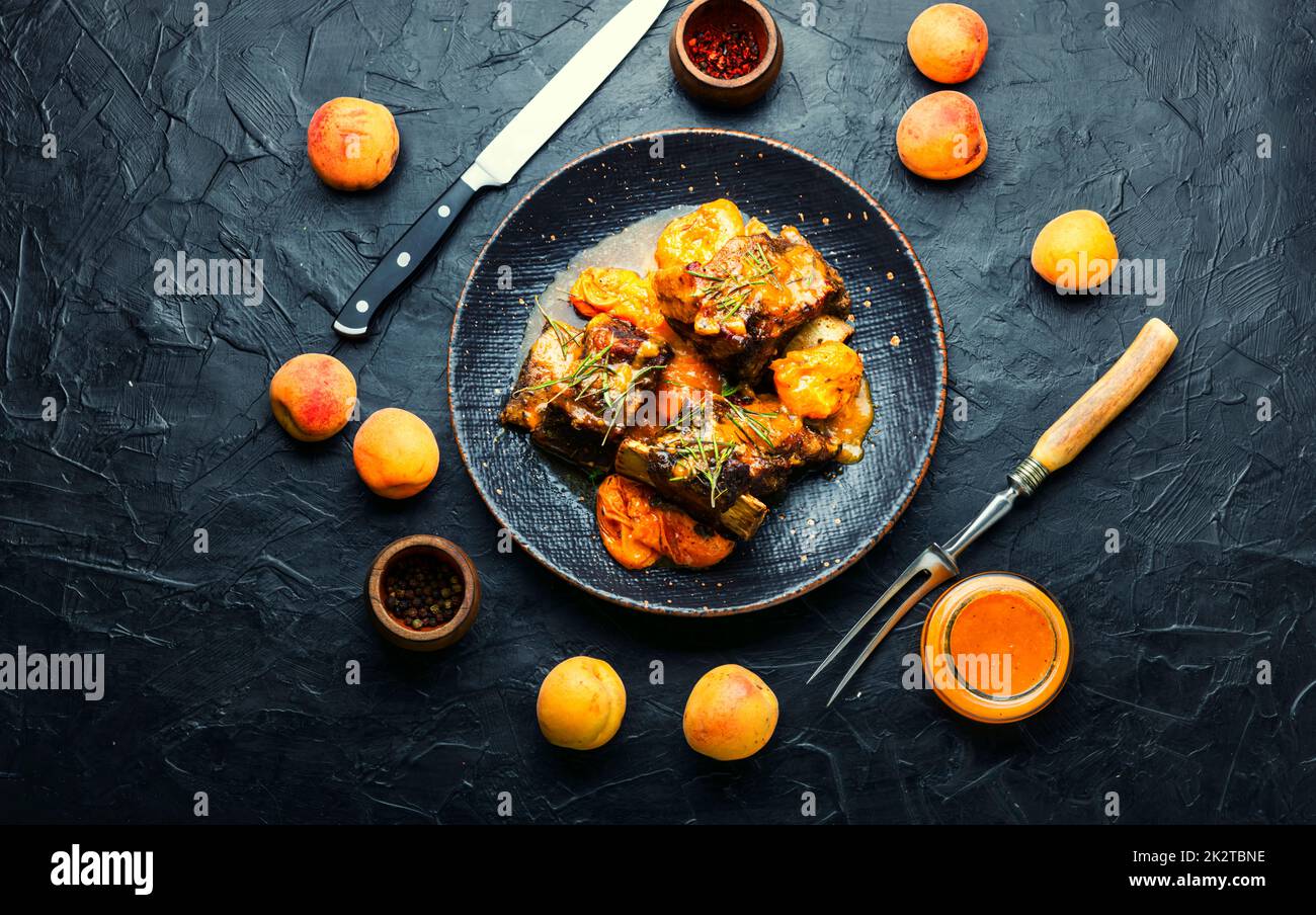 Beef ribs in apricots,top view Stock Photo