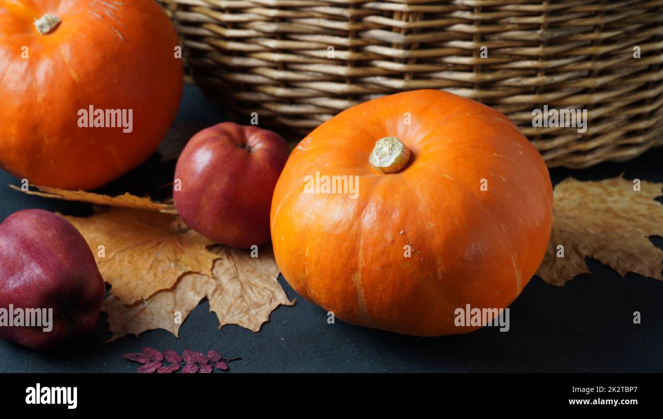 Autumn still life with pumpkin and dry leaves Stock Photo - Alamy