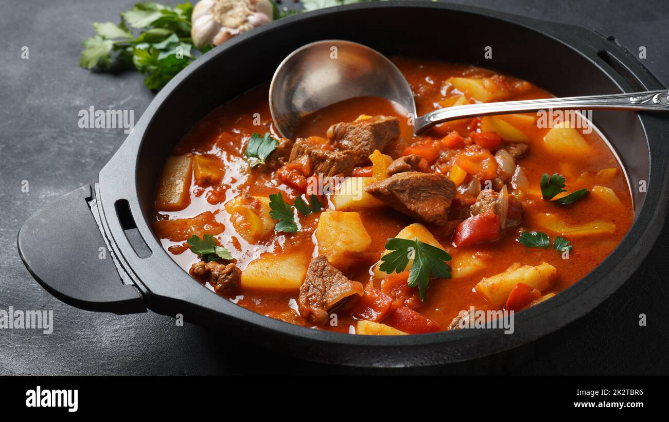Beef goulash, soup and a stew, made of beef chuck steak, potatoes and