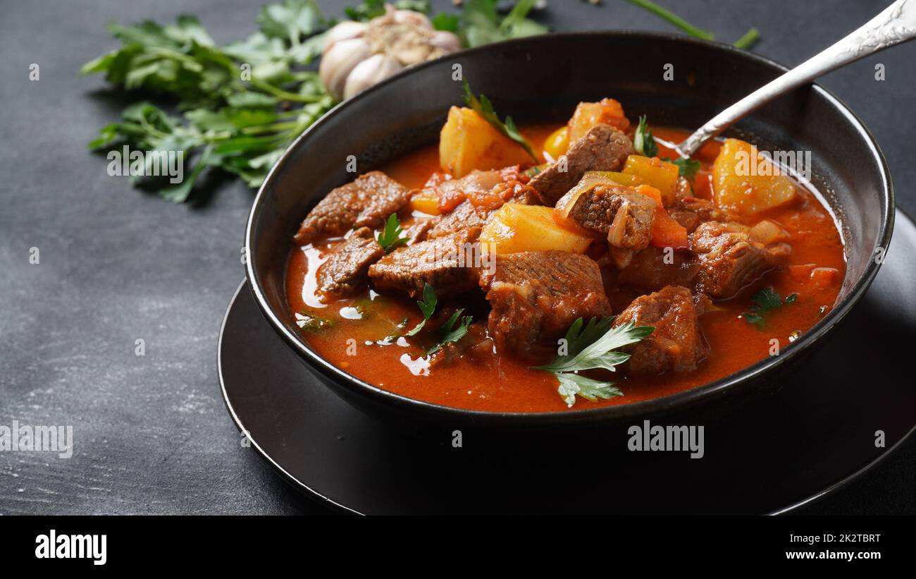 Beef goulash, soup and a stew, made of beef chuck steak, potatoes and
