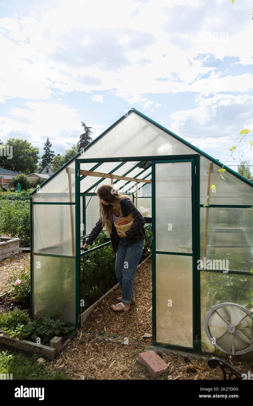 Woman inside greenhouse hi-res stock photography and images - Alamy