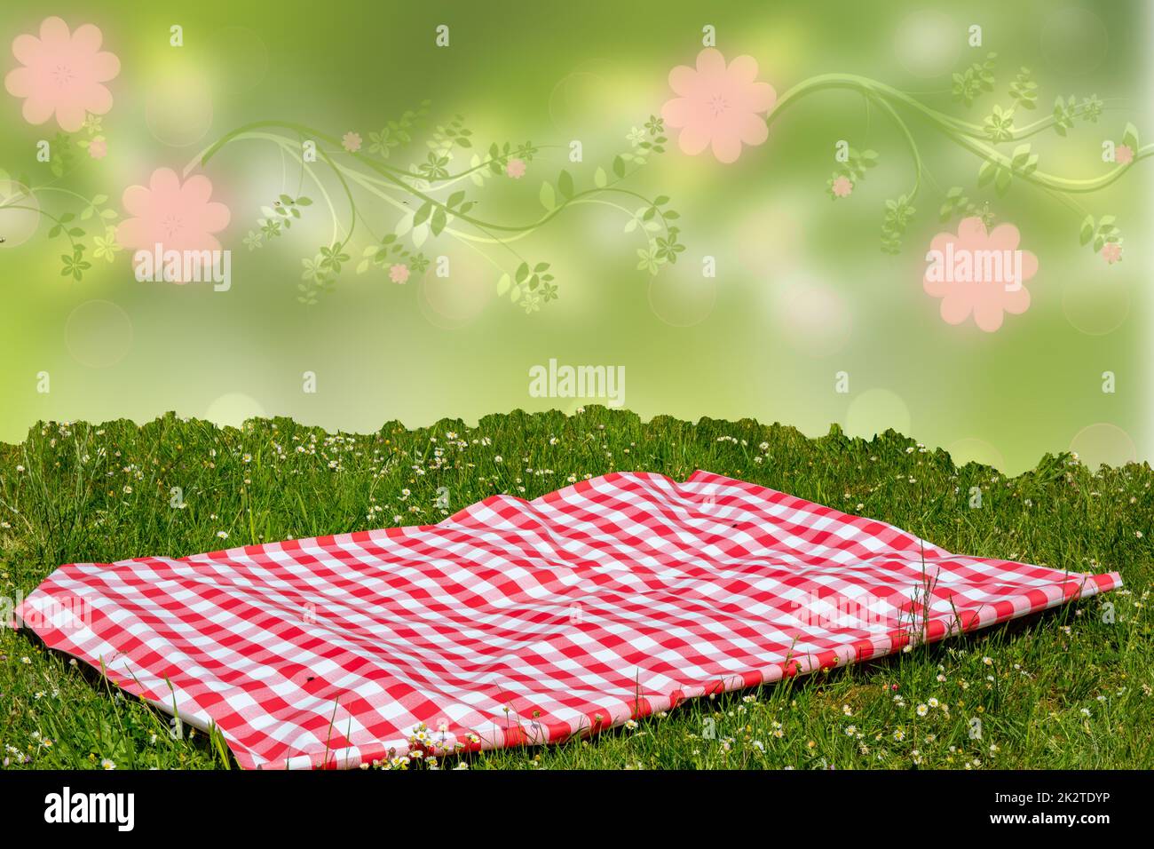 Red picnic cloth. Red checked picnic blanket on a meadow with daisies in bloom and a abstract spring background. Beautiful backdrop for your product placement or montage. Stock Photo