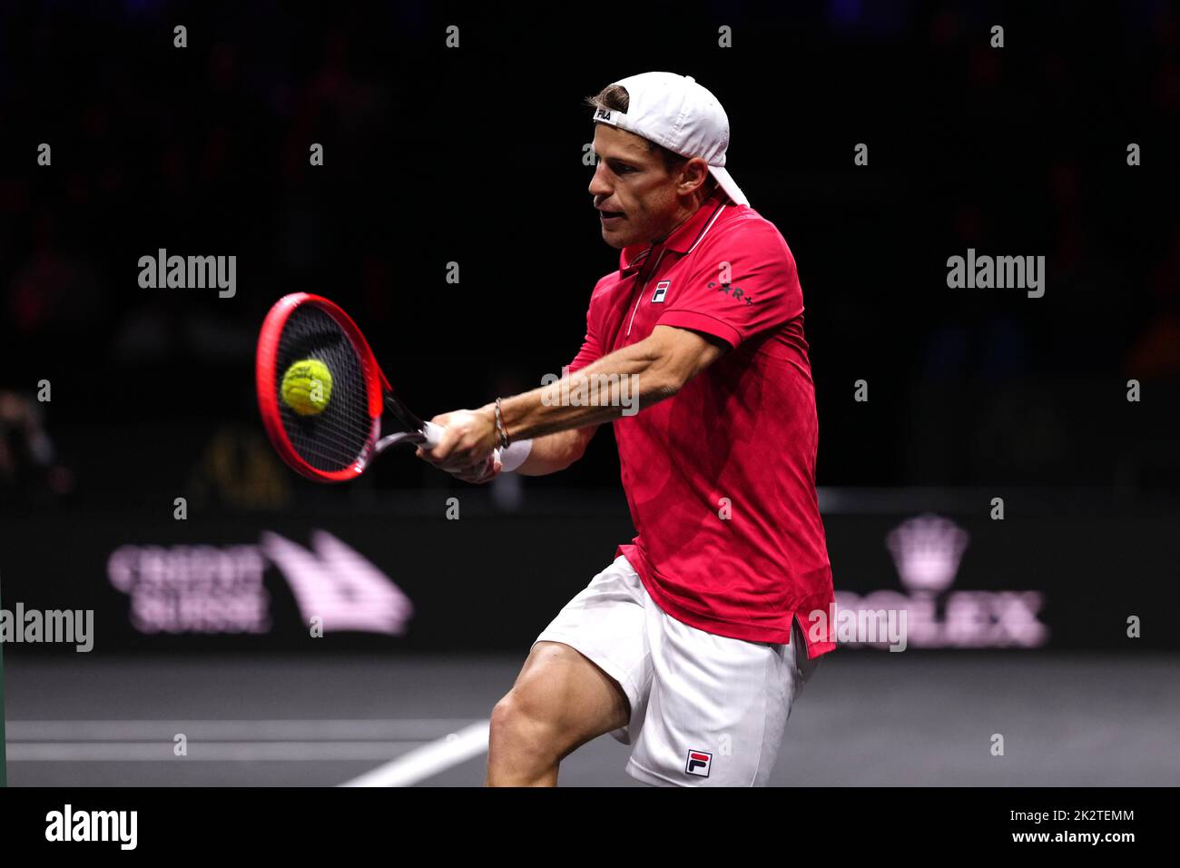 Team World's Diego Schwartzman in action against Team Europe's Stefanos Tsitsipas (not pictured) on day one of the Laver Cup at the O2 Arena, London. Picture date: Friday September 23, 2022. Stock Photo
