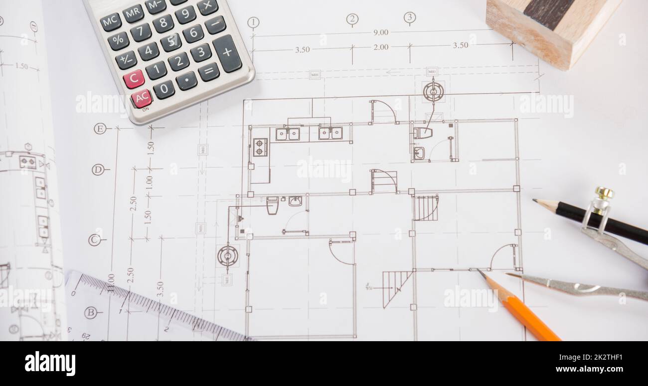 Top view of house plan blueprint paper with repair tools on table desk at architecture office Stock Photo