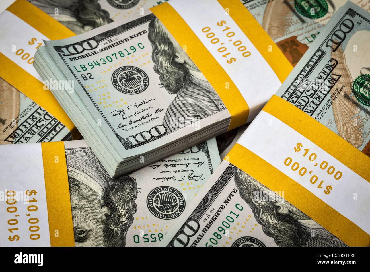 Background of new 100 US dollars banknotes bills Stock Photo