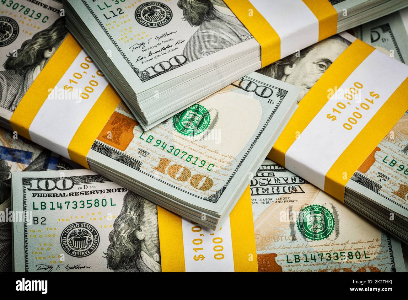 Background of new 100 US dollars banknotes bills Stock Photo