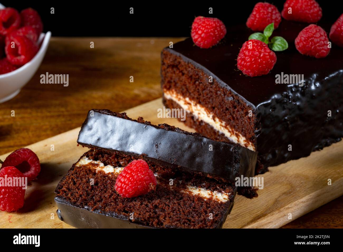 Chocolate cake with raspberries and coffee Stock Photo