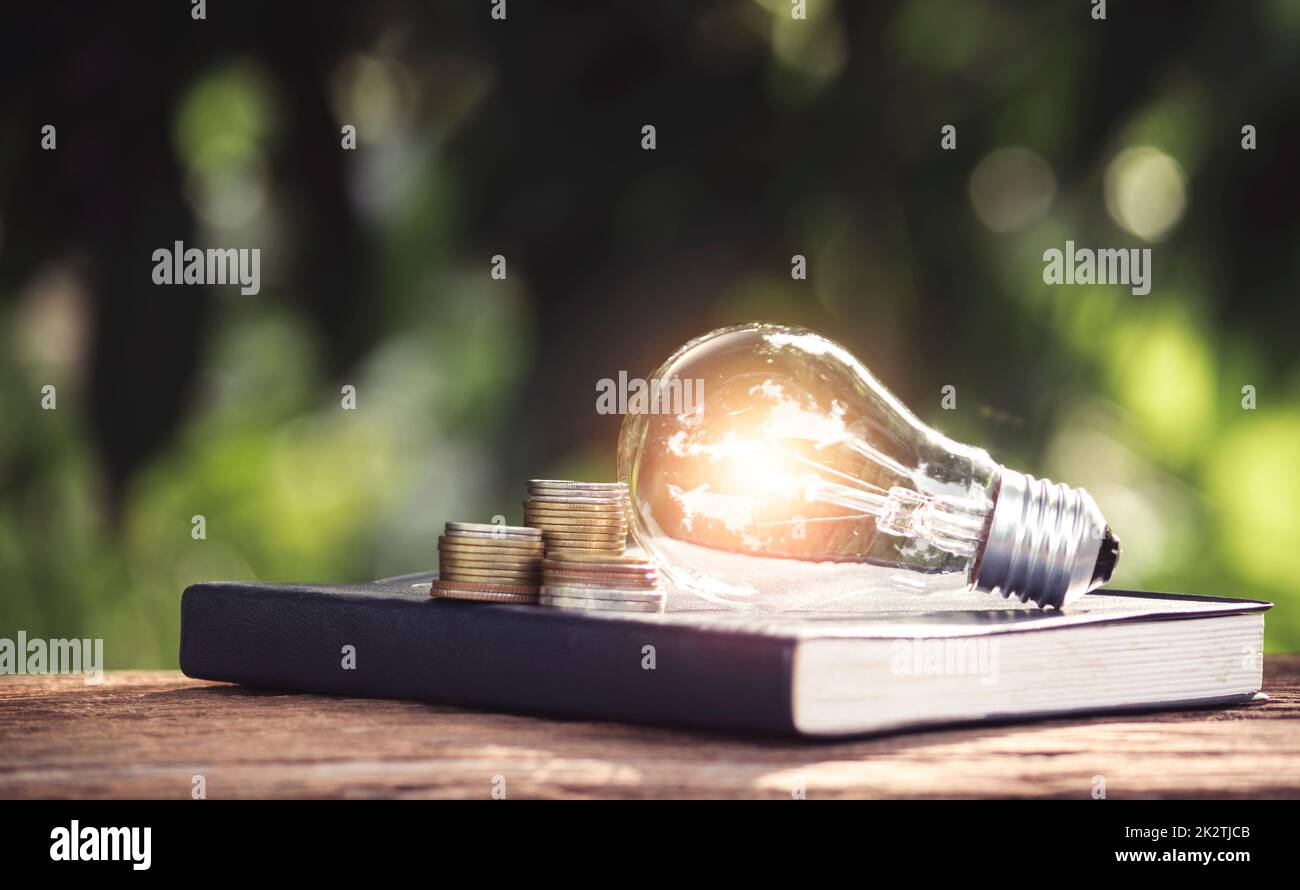 Light bulb and a book on table and copy space for insert text. Stock Photo