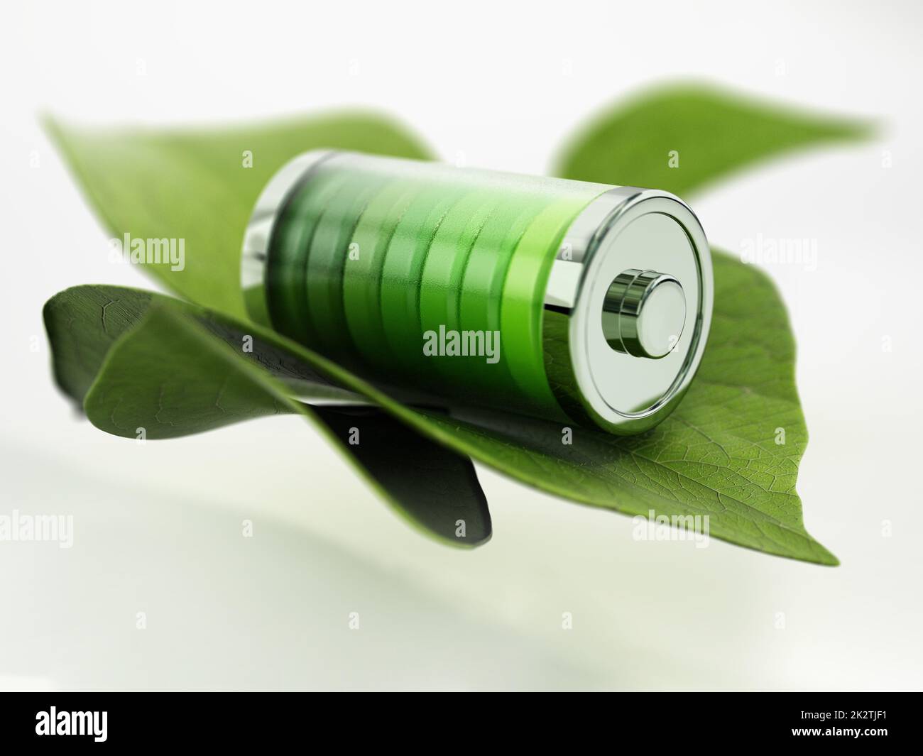 Green full battery icon and green leaves. 3D illustration Stock Photo