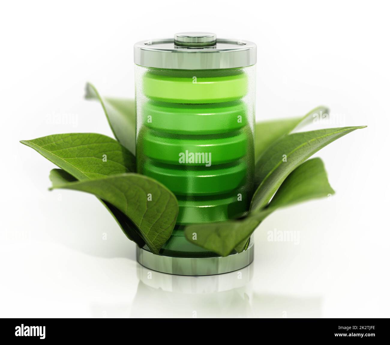 Green battery wrapped with green leaves. 3D illustration Stock Photo