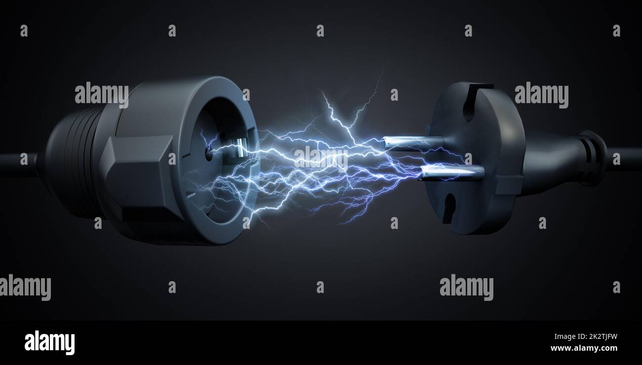 Lightnings between electric plug and power socket. Electrical energy concept. 3D illustration Stock Photo