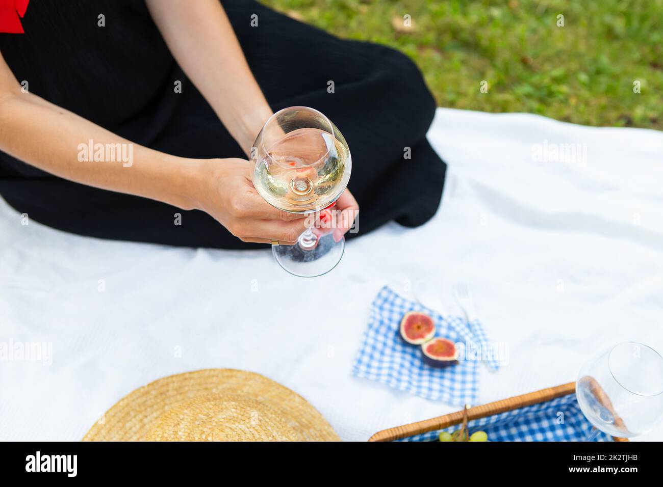 Romantic picnic in the park on the grass, delicious food: basket, wine, grapes, figs, cheese, blue checkered tablecloth, two glasses of wine. The girl is holding a glass of wine in her hands.The concept of outdoor recreation. Stock Photo