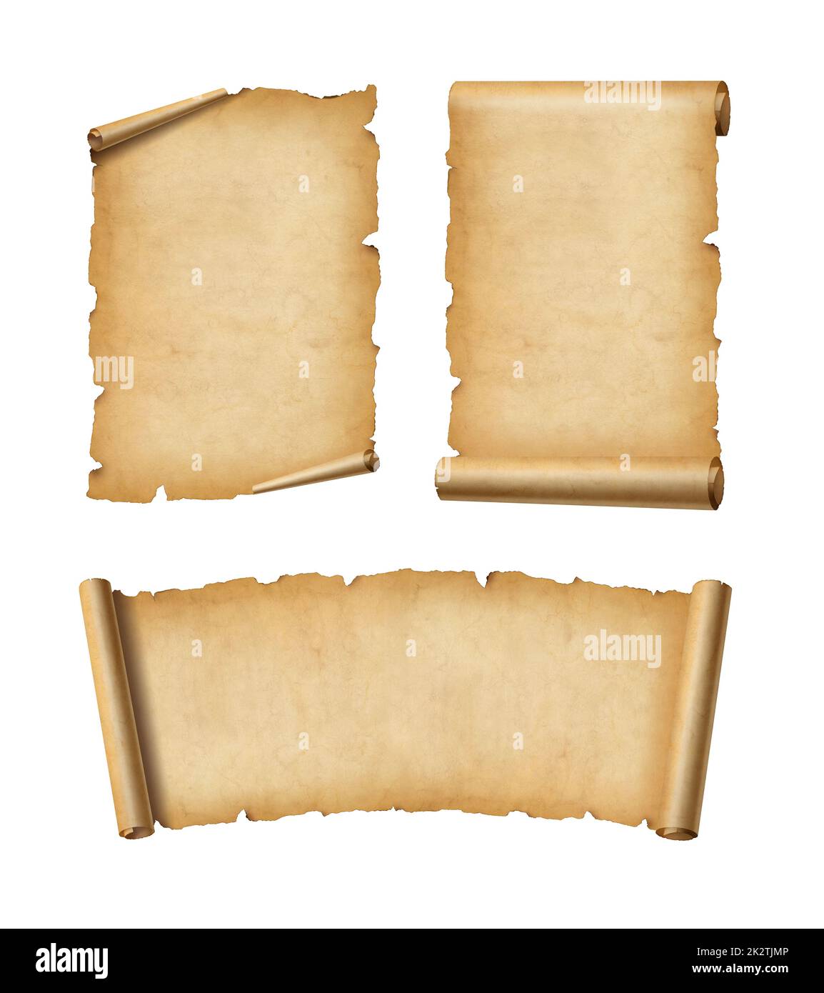 Old Parchment paper scroll set isolated on white. Horizontal and vertical banners Stock Photo