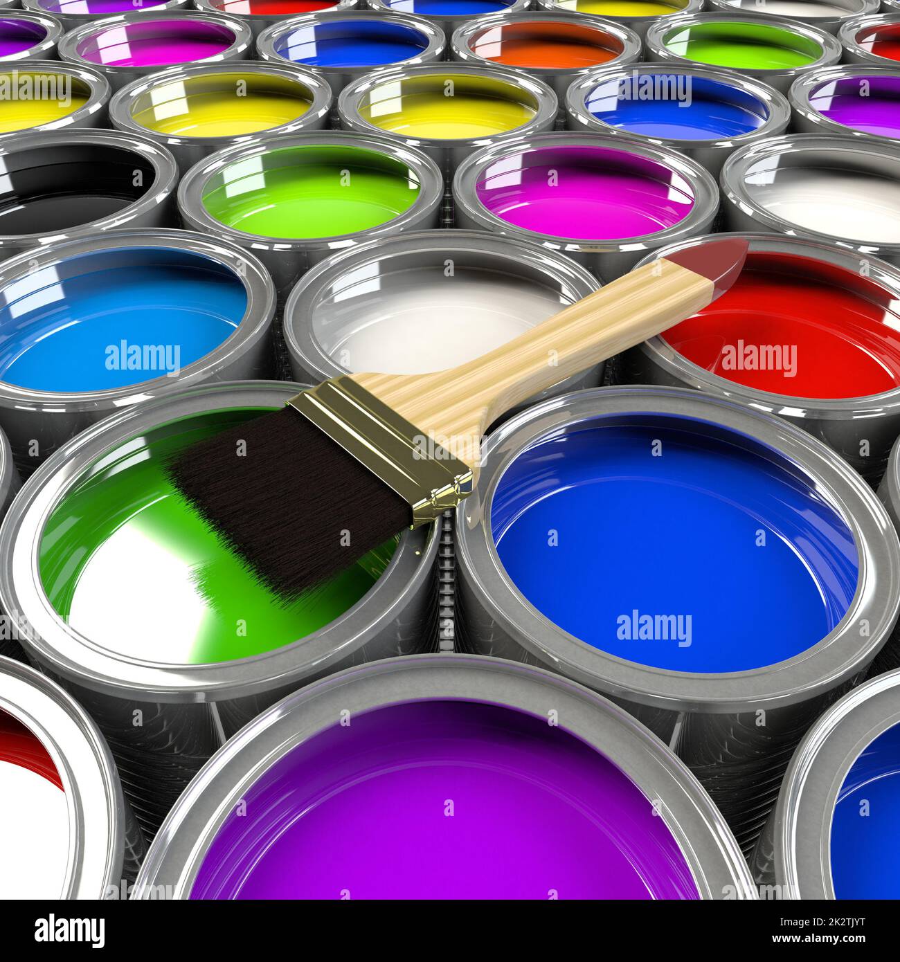 Multiple open paint cans with a brush Stock Photo - Alamy